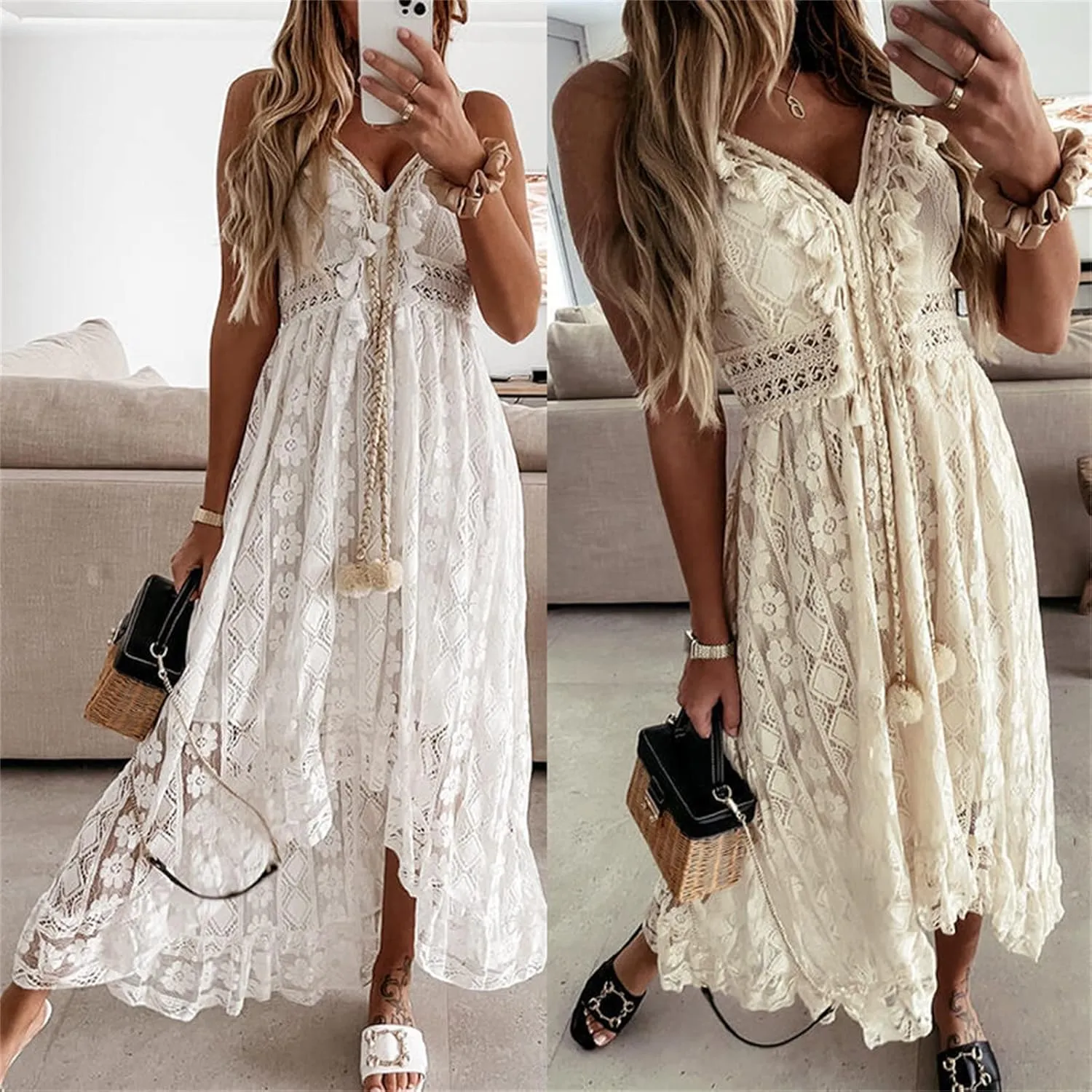 Women's Boho Lace Maxi Midi Dress Sexy V-Neck Sleeveless Spaghetti Straps Backless Beach Ruffle Mini Swing Dresses