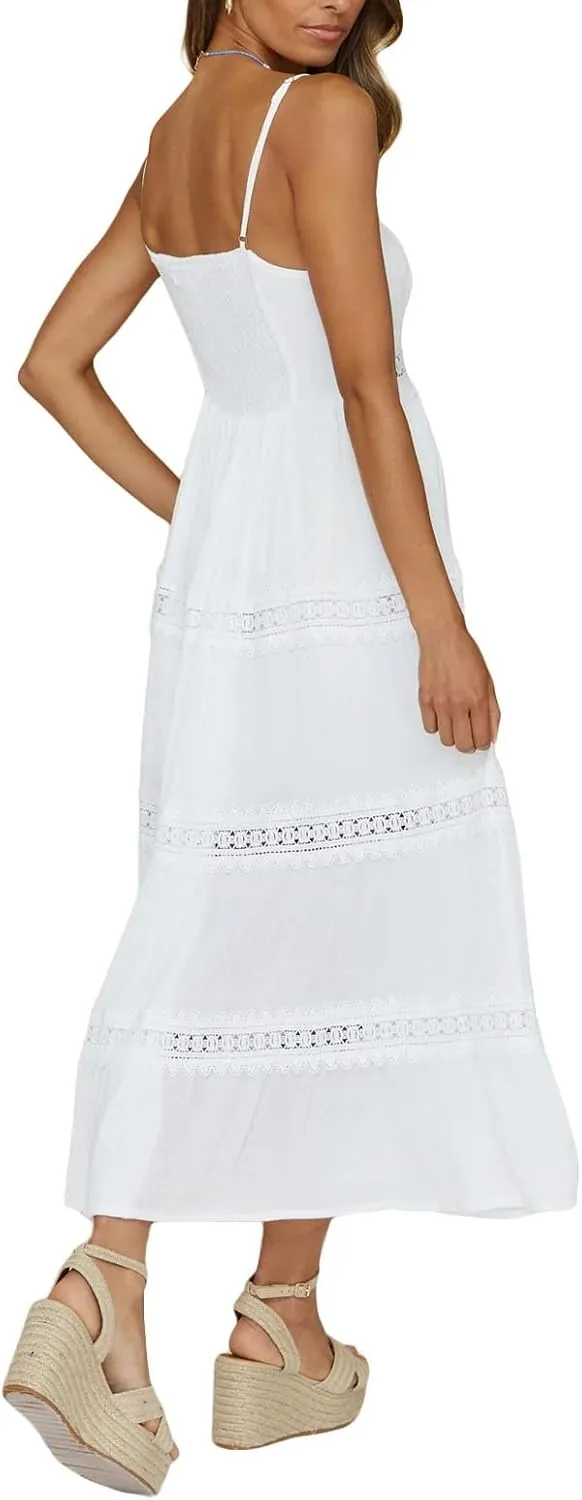 Women's Boho Lace Maxi Midi Dress Sexy V-Neck Sleeveless Spaghetti Straps Backless Beach Ruffle Mini Swing Dresses