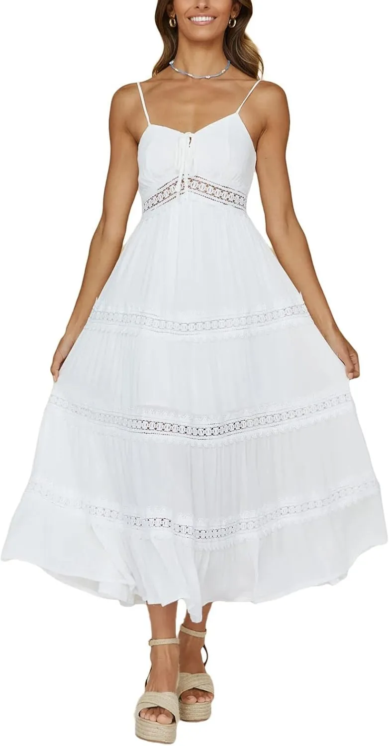 Women's Boho Lace Maxi Midi Dress Sexy V-Neck Sleeveless Spaghetti Straps Backless Beach Ruffle Mini Swing Dresses