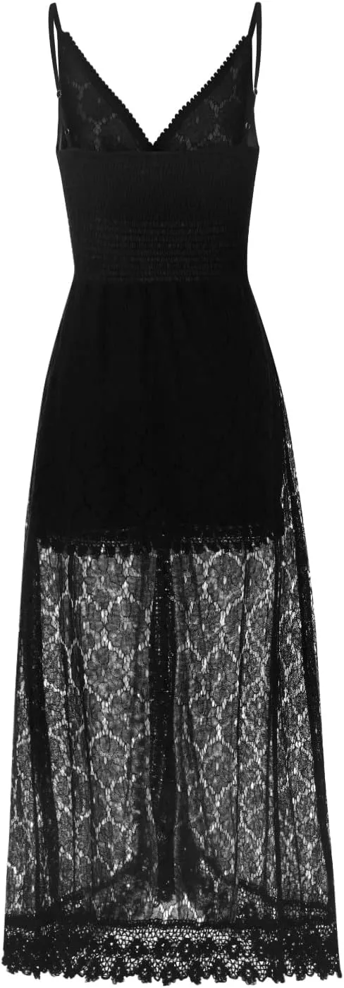 Women's Boho Lace Maxi Midi Dress Sexy V-Neck Sleeveless Spaghetti Straps Backless Beach Ruffle Mini Swing Dresses