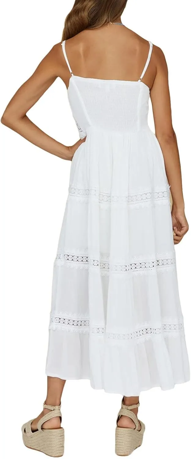 Women's Boho Lace Maxi Midi Dress Sexy V-Neck Sleeveless Spaghetti Straps Backless Beach Ruffle Mini Swing Dresses