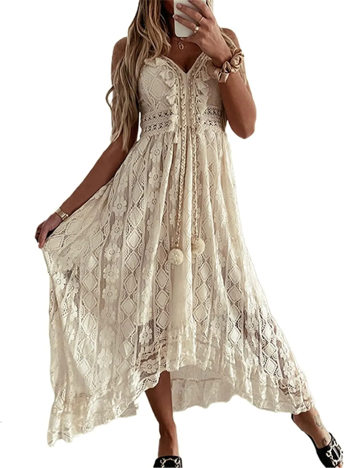 Women's Boho Lace Maxi Midi Dress Sexy V-Neck Sleeveless Spaghetti Straps Backless Beach Ruffle Mini Swing Dresses