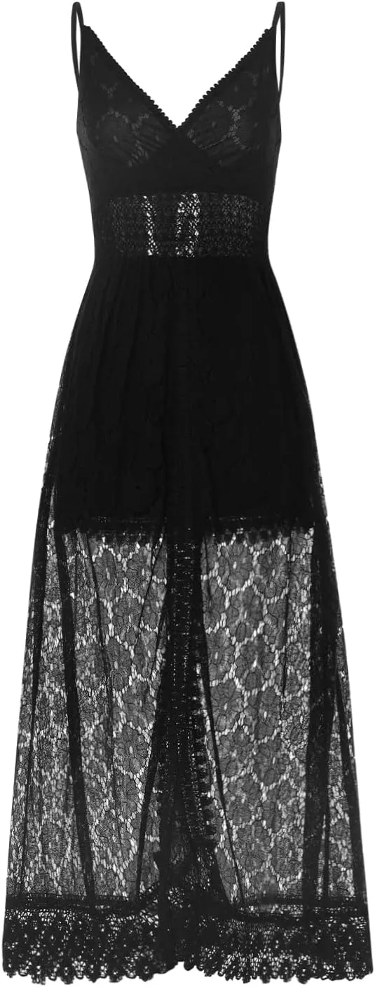 Women's Boho Lace Maxi Midi Dress Sexy V-Neck Sleeveless Spaghetti Straps Backless Beach Ruffle Mini Swing Dresses
