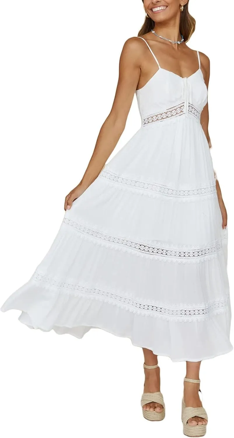 Women's Boho Lace Maxi Midi Dress Sexy V-Neck Sleeveless Spaghetti Straps Backless Beach Ruffle Mini Swing Dresses
