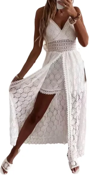 Women's Boho Lace Maxi Midi Dress Sexy V-Neck Sleeveless Spaghetti Straps Backless Beach Ruffle Mini Swing Dresses