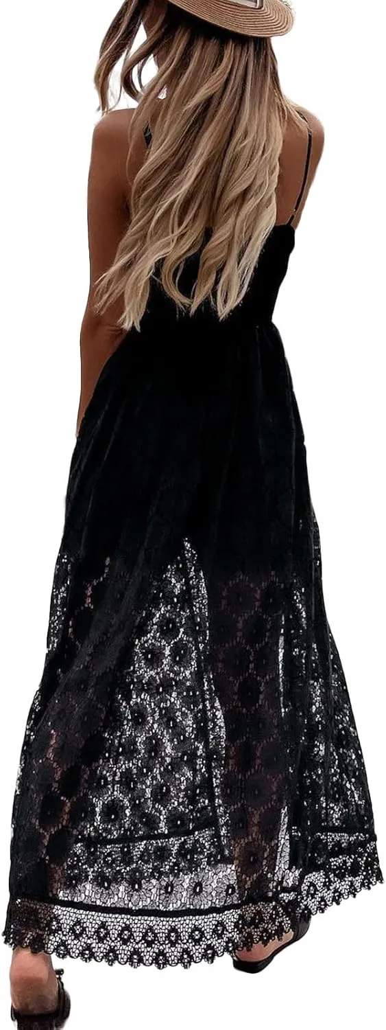 Women's Boho Lace Maxi Midi Dress Sexy V-Neck Sleeveless Spaghetti Straps Backless Beach Ruffle Mini Swing Dresses