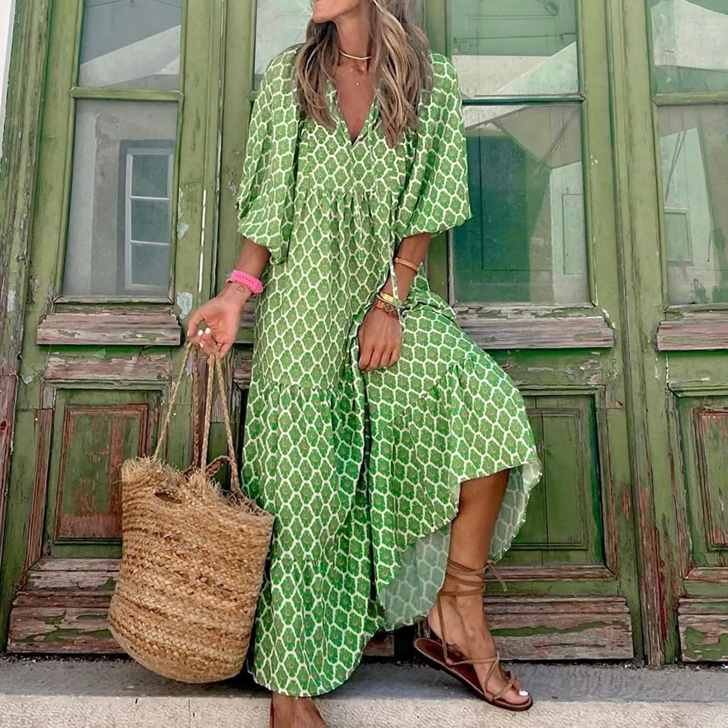 Womens Boho Maxi Dresses Summer Floral 3/4 Puff Sleeve Flowy Swing Tiered Long Beach Sundresses Vacation Outfits