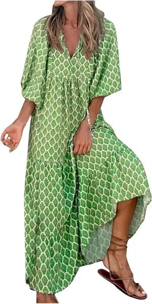 Womens Boho Maxi Dresses Summer Floral 3/4 Puff Sleeve Flowy Swing Tiered Long Beach Sundresses Vacation Outfits