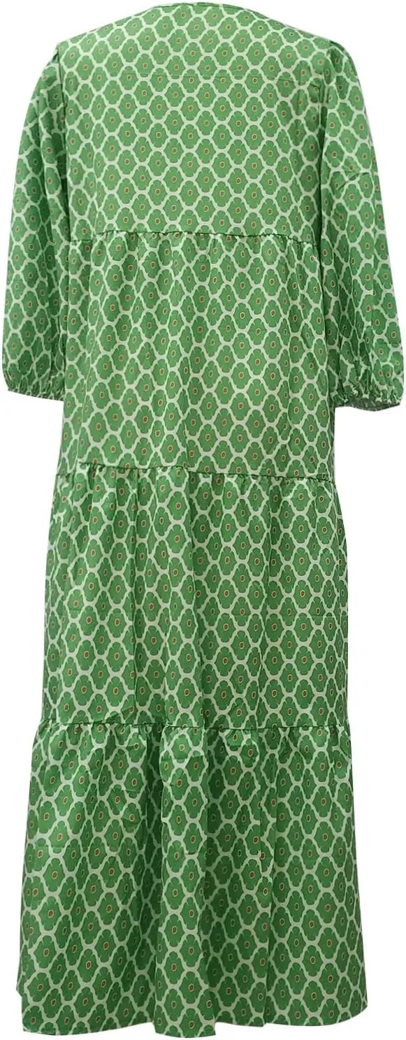 Womens Boho Maxi Dresses Summer Floral 3/4 Puff Sleeve Flowy Swing Tiered Long Beach Sundresses Vacation Outfits