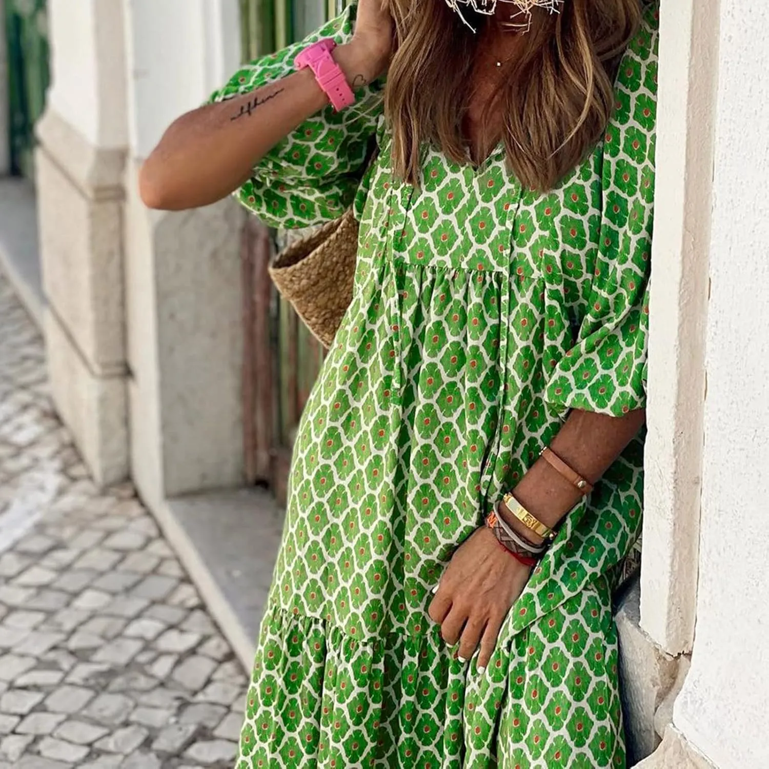 Womens Boho Maxi Dresses Summer Floral 3/4 Puff Sleeve Flowy Swing Tiered Long Beach Sundresses Vacation Outfits