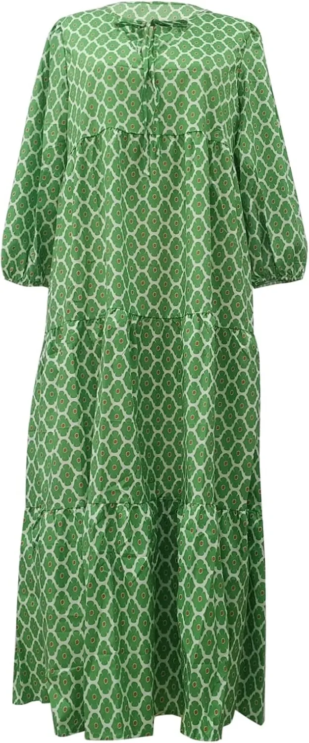 Womens Boho Maxi Dresses Summer Floral 3/4 Puff Sleeve Flowy Swing Tiered Long Beach Sundresses Vacation Outfits