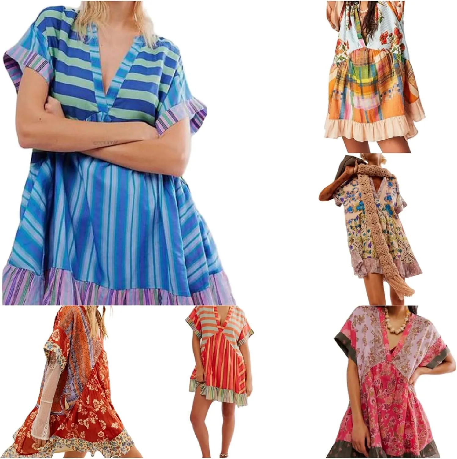 Womens Boho Mini Dress Y2k Floral Deep V-Neck Puff Sleeve Short Dresses Summer Causal Flowy Beach Sundress