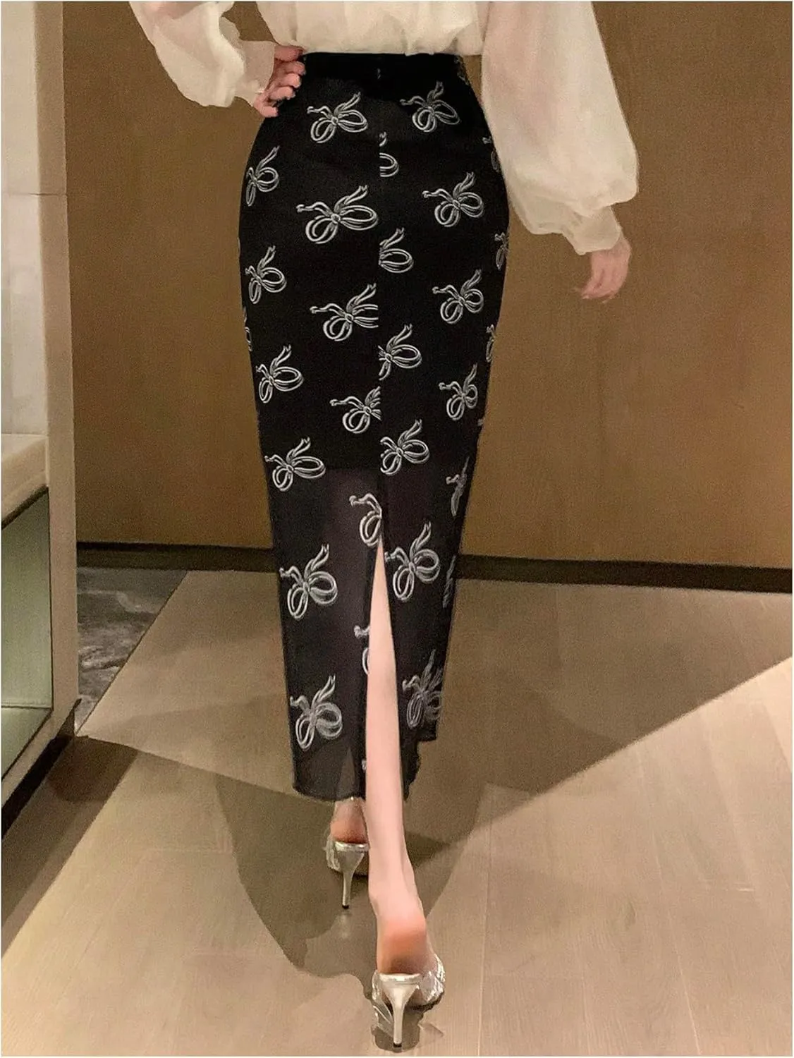 Women's Bowknot Print High Waisted Long Skirt Elegant Bodycon Mesh Midi Skirts
