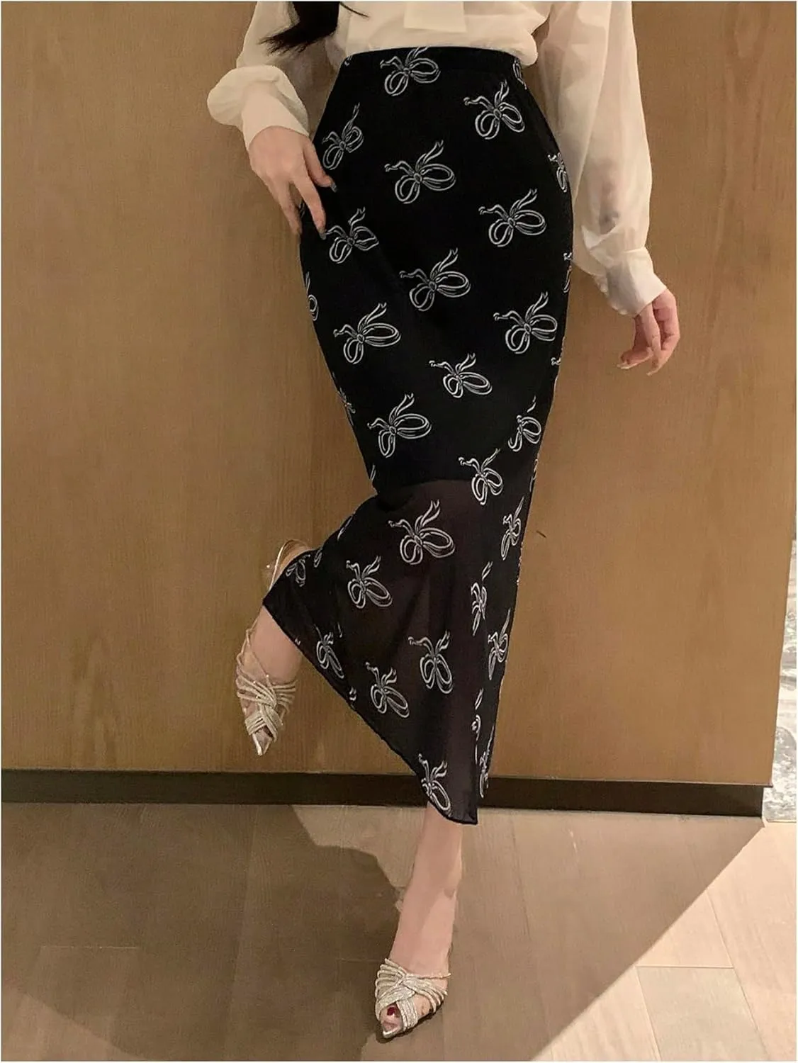 Women's Bowknot Print High Waisted Long Skirt Elegant Bodycon Mesh Midi Skirts