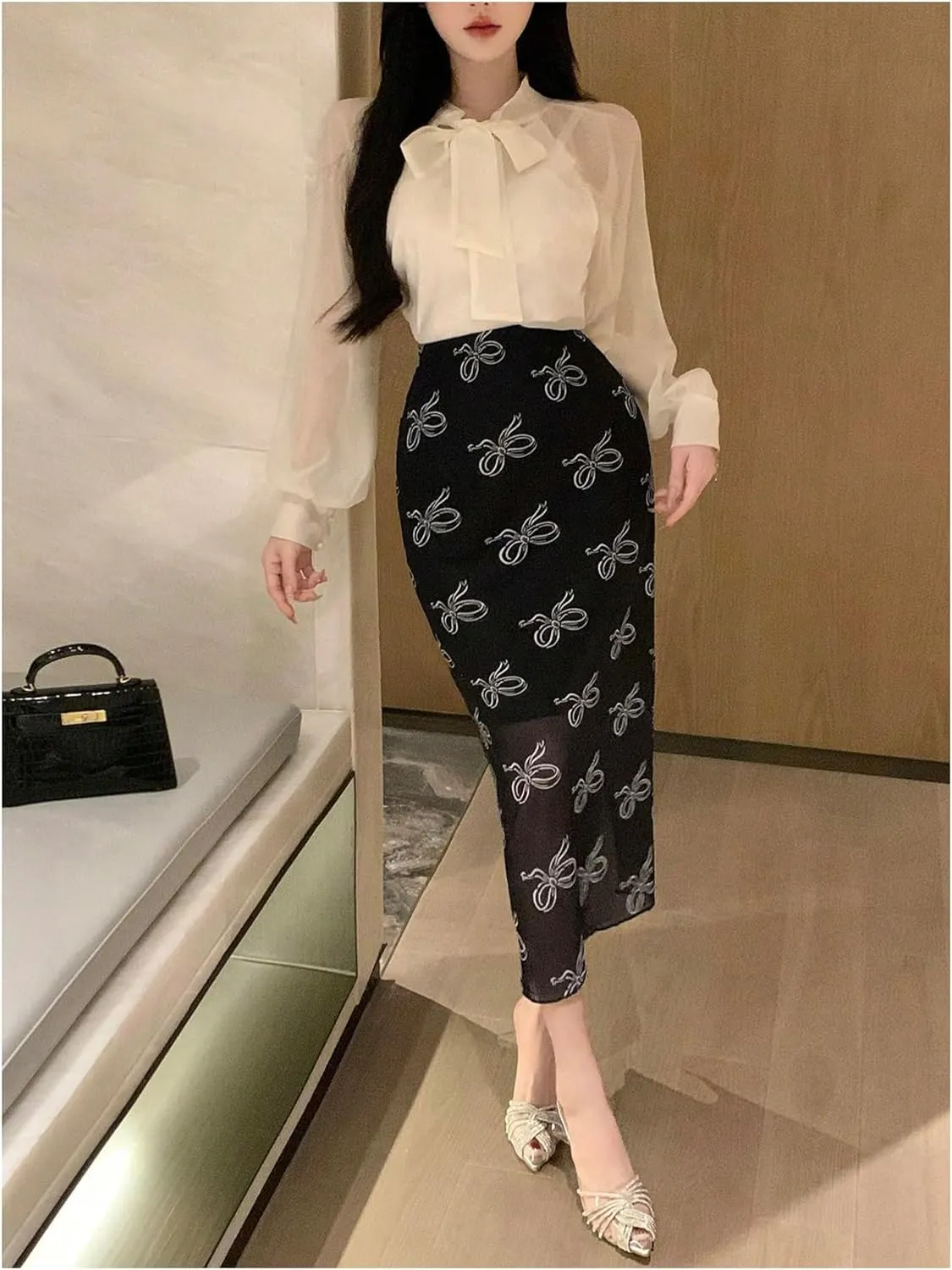 Women's Bowknot Print High Waisted Long Skirt Elegant Bodycon Mesh Midi Skirts