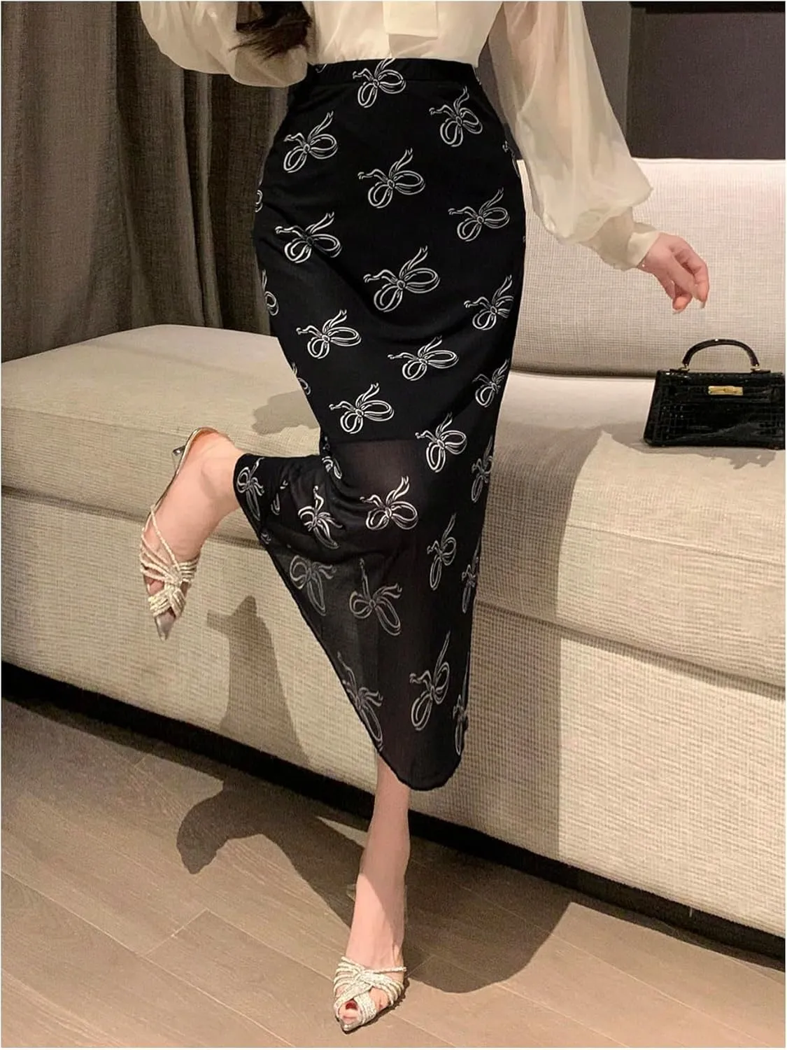 Women's Bowknot Print High Waisted Long Skirt Elegant Bodycon Mesh Midi Skirts
