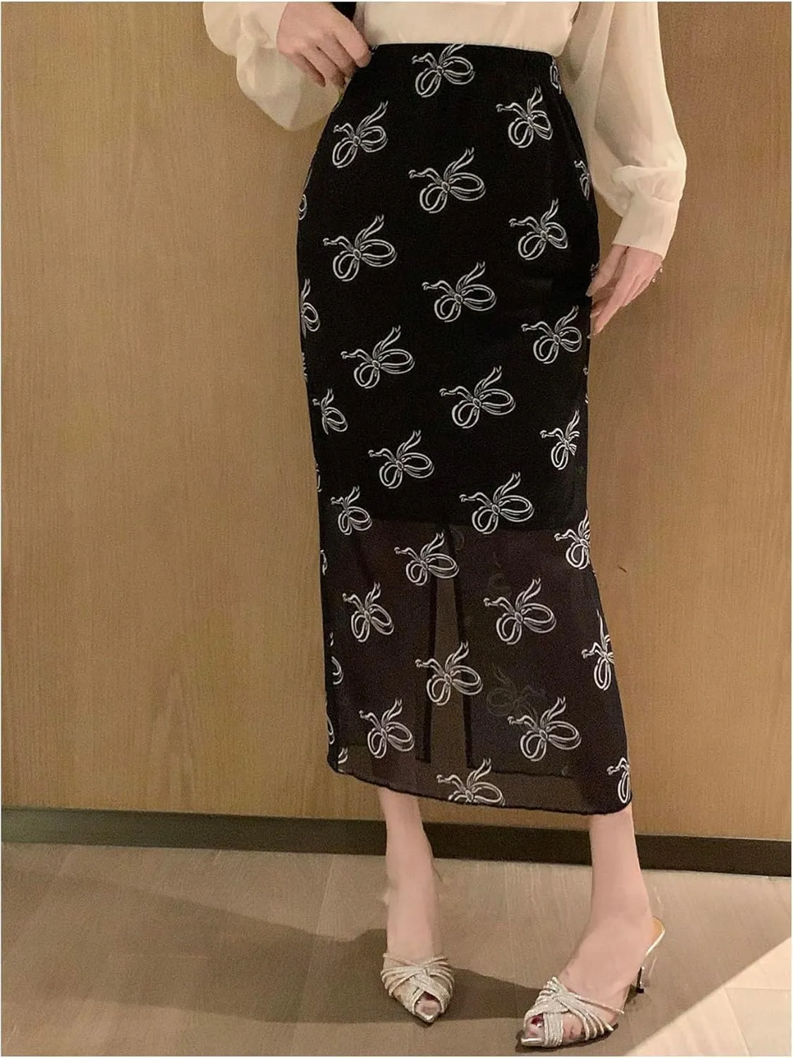 Women's Bowknot Print High Waisted Long Skirt Elegant Bodycon Mesh Midi Skirts