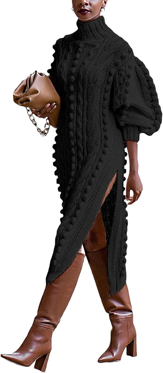 Women's Cable Knit Sweater Midi Dress Turtleneck Long Sleeve Loose Tunic Plus Size Split Sweater Dresses for Fall