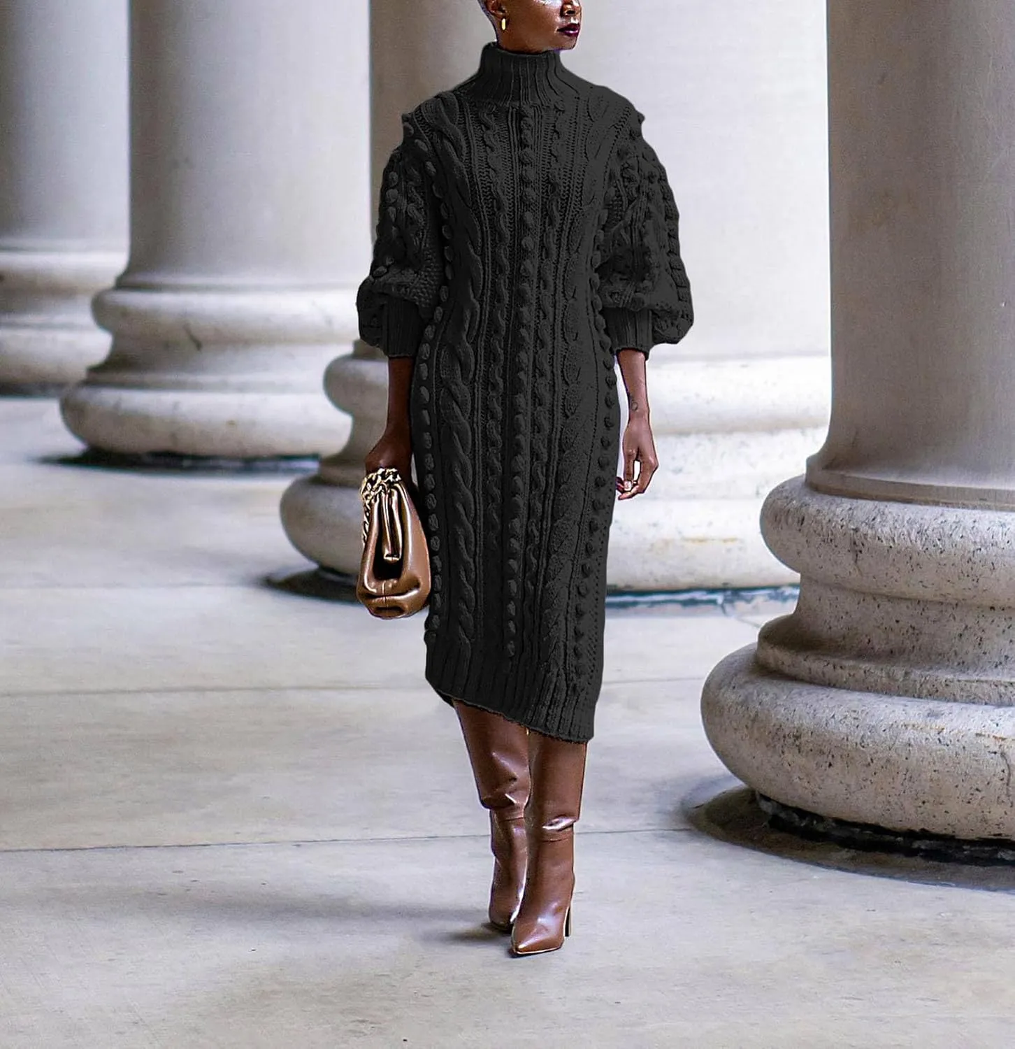 Women's Cable Knit Sweater Midi Dress Turtleneck Long Sleeve Loose Tunic Plus Size Split Sweater Dresses for Fall