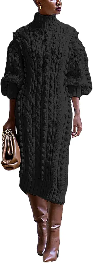 Women's Cable Knit Sweater Midi Dress Turtleneck Long Sleeve Loose Tunic Plus Size Split Sweater Dresses for Fall
