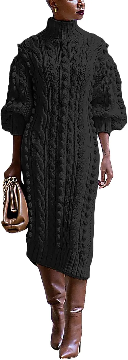 Women's Cable Knit Sweater Midi Dress Turtleneck Long Sleeve Loose Tunic Plus Size Split Sweater Dresses for Fall