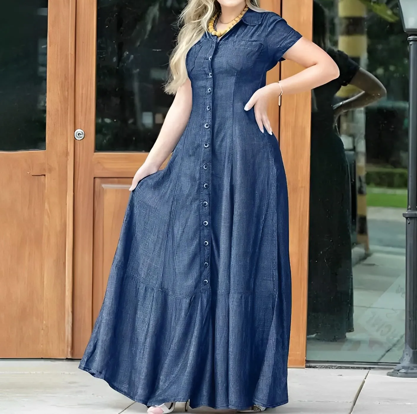 Womens Casual Button Down Lapel Short Sleeve Denim Dress Summer Loose Ruffled Hem Swing Flowy Maxi Jean Shirt Dresses