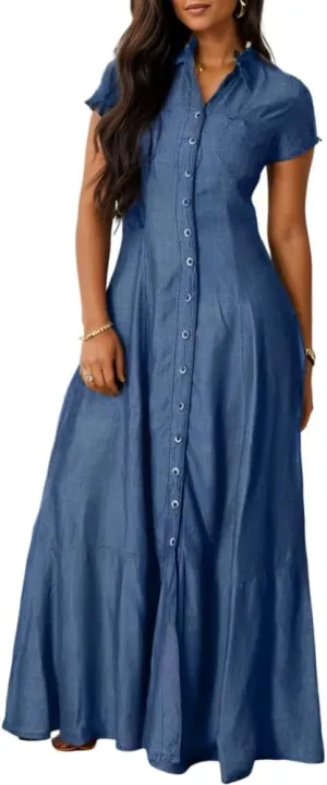 Womens Casual Button Down Lapel Short Sleeve Denim Dress Summer Loose Ruffled Hem Swing Flowy Maxi Jean Shirt Dresses