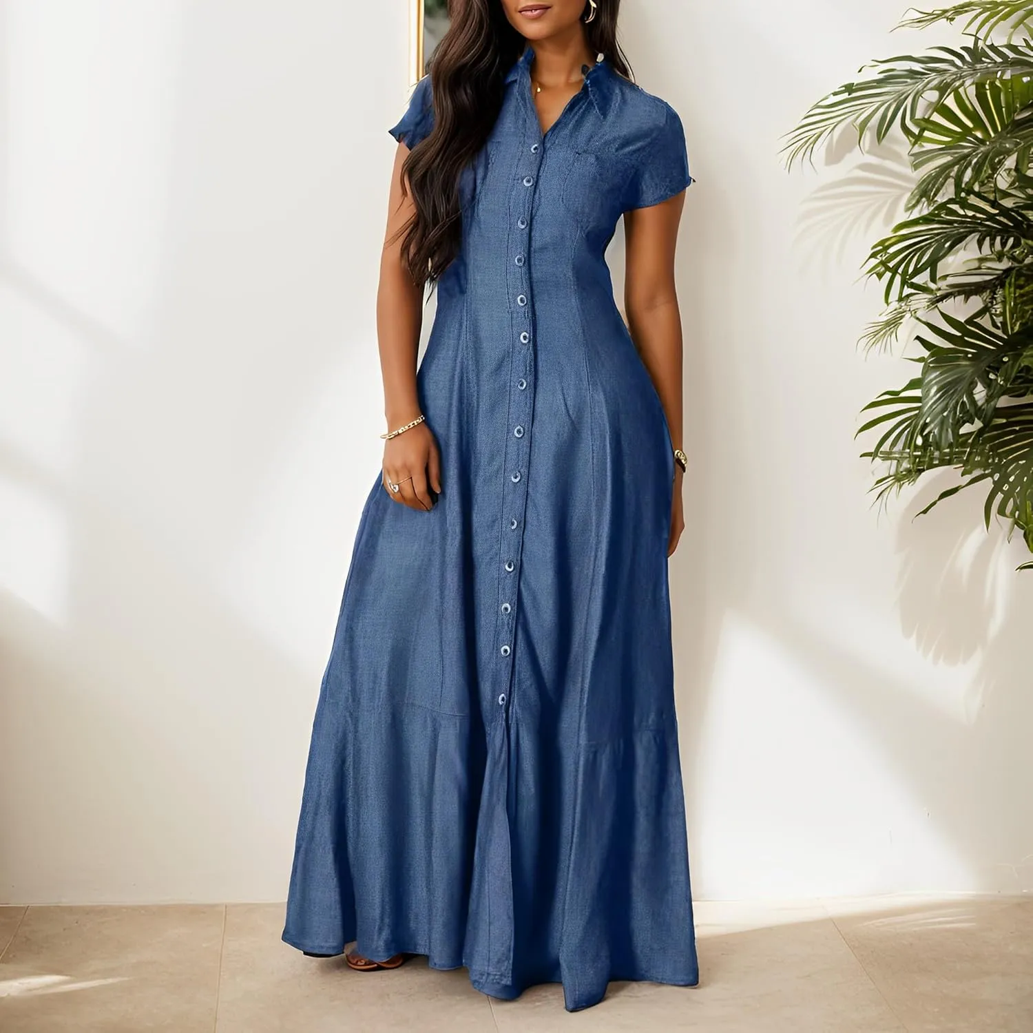 Womens Casual Button Down Lapel Short Sleeve Denim Dress Summer Loose Ruffled Hem Swing Flowy Maxi Jean Shirt Dresses