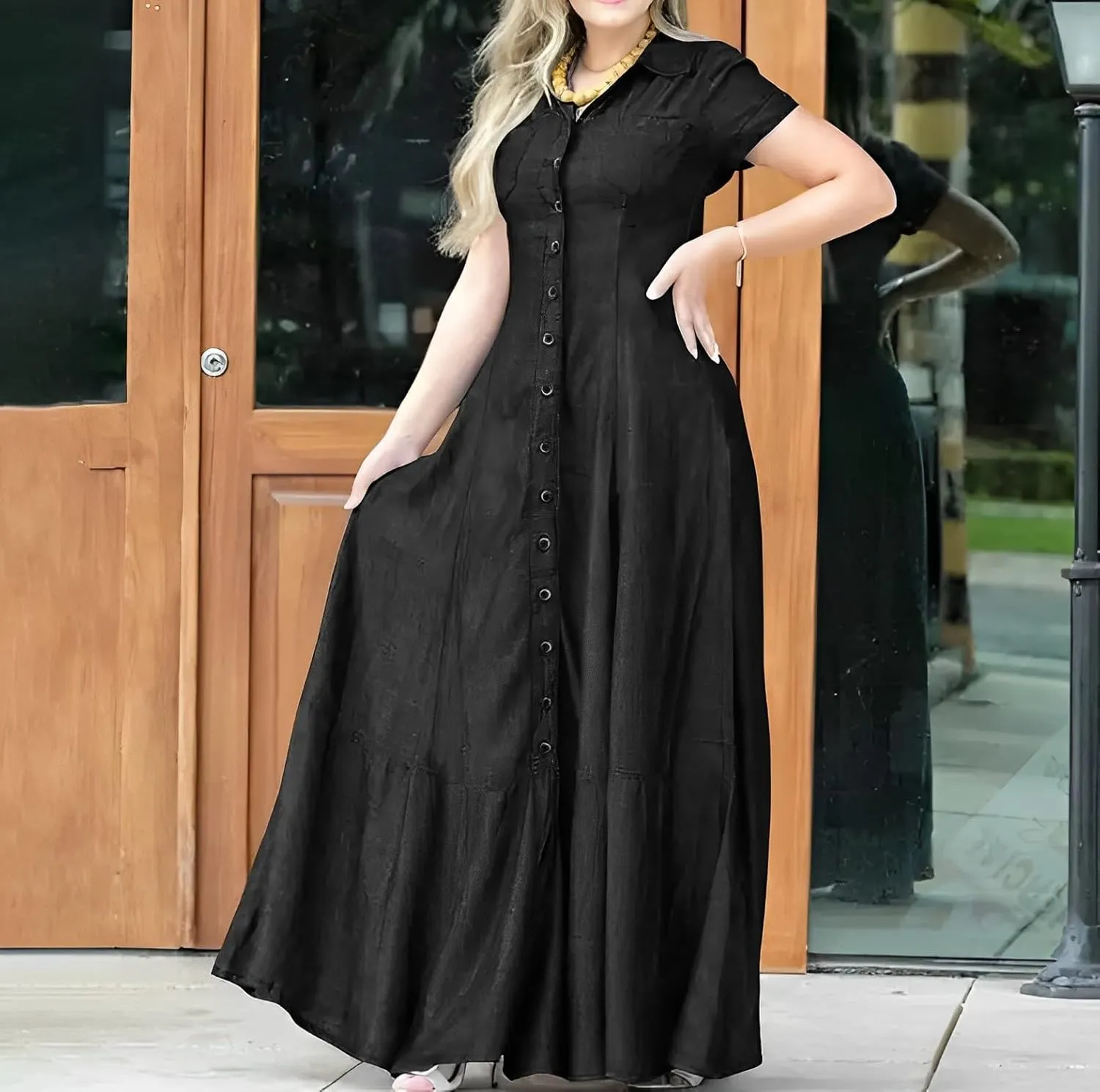 Womens Casual Button Down Lapel Short Sleeve Denim Dress Summer Loose Ruffled Hem Swing Flowy Maxi Jean Shirt Dresses