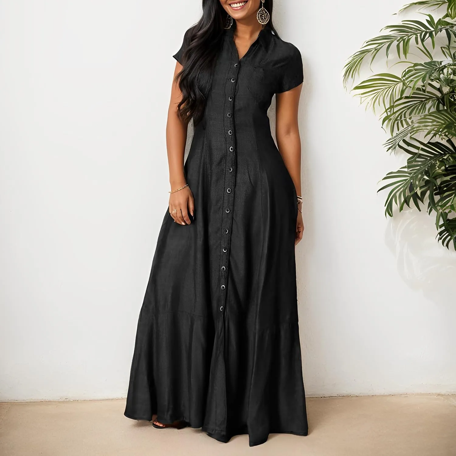 Womens Casual Button Down Lapel Short Sleeve Denim Dress Summer Loose Ruffled Hem Swing Flowy Maxi Jean Shirt Dresses