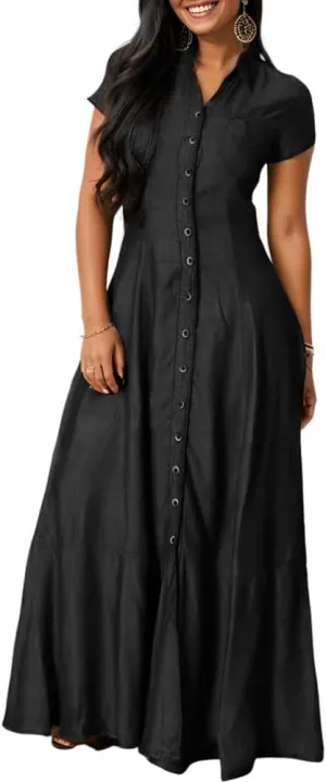 Womens Casual Button Down Lapel Short Sleeve Denim Dress Summer Loose Ruffled Hem Swing Flowy Maxi Jean Shirt Dresses