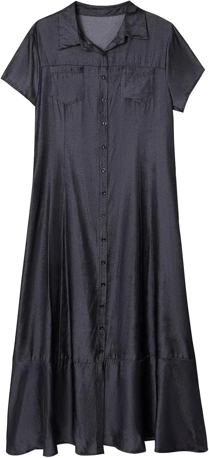 Womens Casual Button Down Lapel Short Sleeve Denim Dress Summer Loose Ruffled Hem Swing Flowy Maxi Jean Shirt Dresses