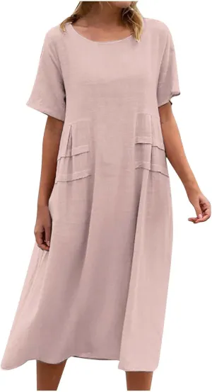 Women's Casual Cotton Linen Midi Dress Crew Neck Short Sleeve Summer Loose Fit Comfy Flowy Dresses Plus Size