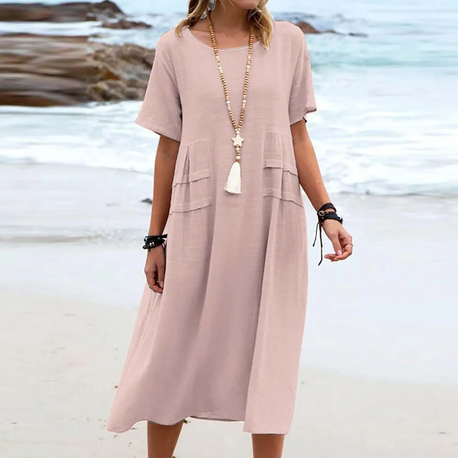 Women's Casual Cotton Linen Midi Dress Crew Neck Short Sleeve Summer Loose Fit Comfy Flowy Dresses Plus Size