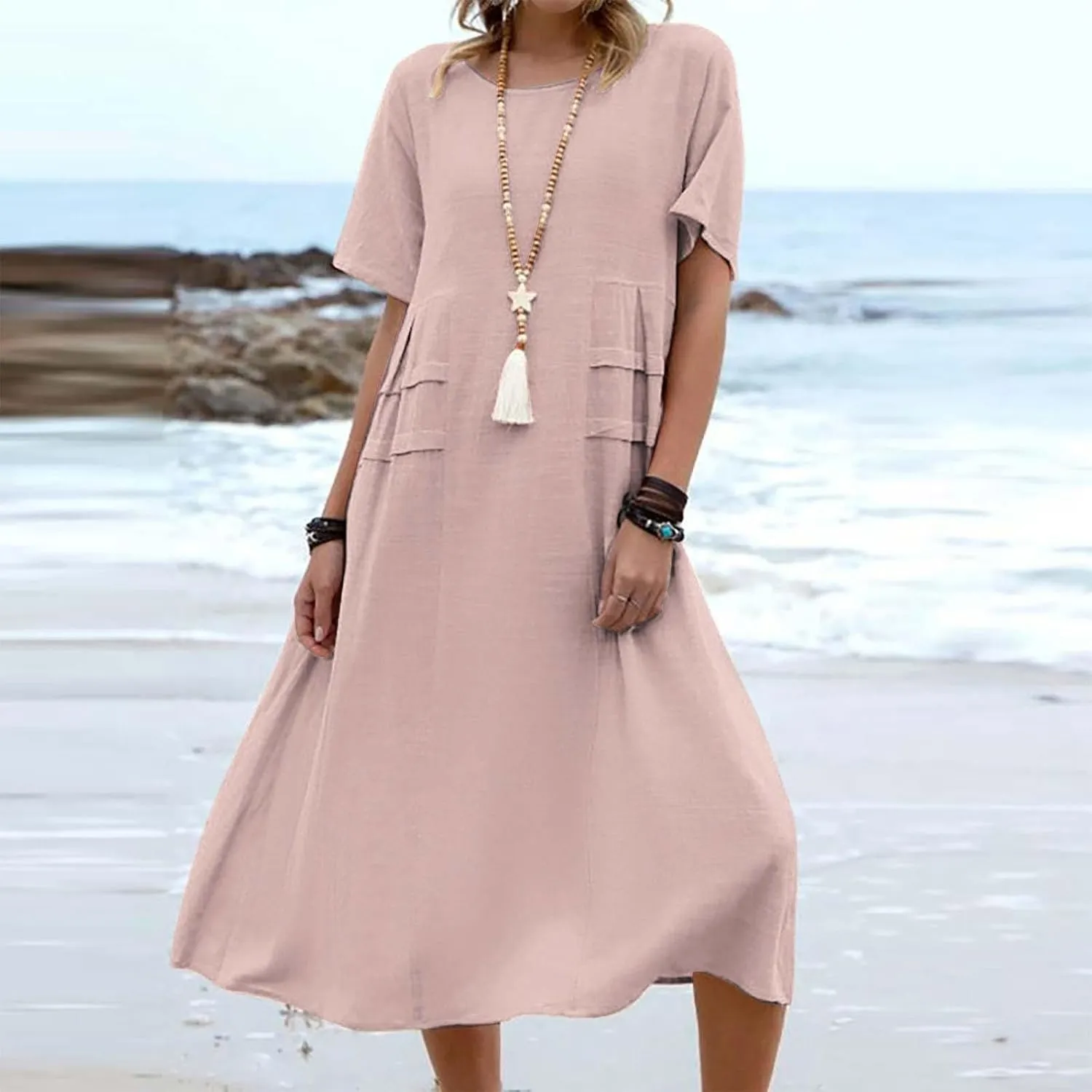Women's Casual Cotton Linen Midi Dress Crew Neck Short Sleeve Summer Loose Fit Comfy Flowy Dresses Plus Size