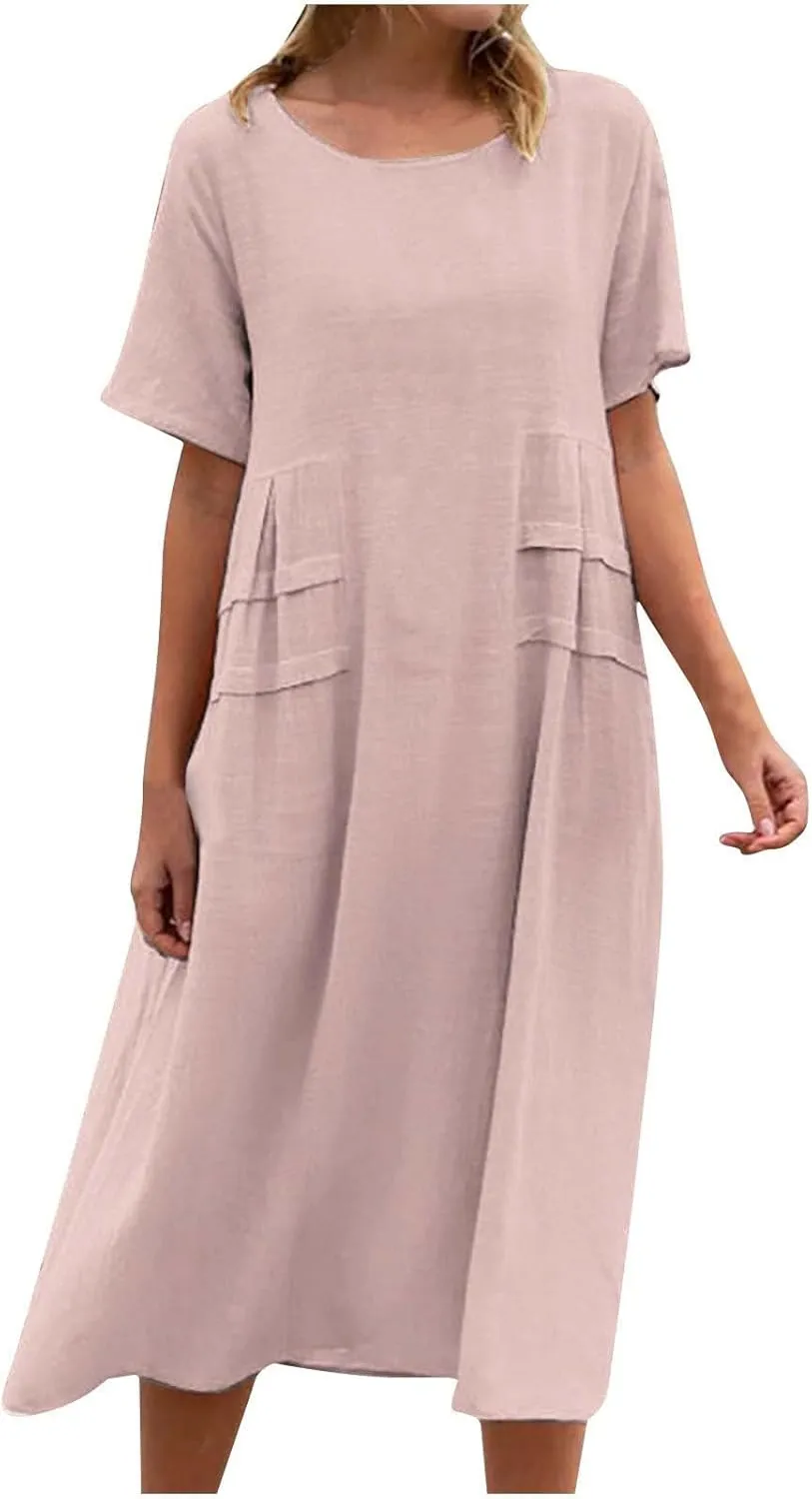 Women's Casual Cotton Linen Midi Dress Crew Neck Short Sleeve Summer Loose Fit Comfy Flowy Dresses Plus Size