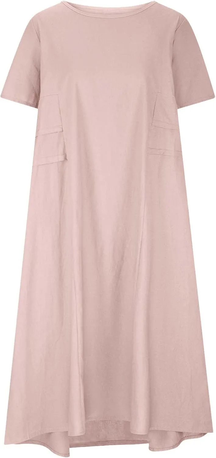 Women's Casual Cotton Linen Midi Dress Crew Neck Short Sleeve Summer Loose Fit Comfy Flowy Dresses Plus Size