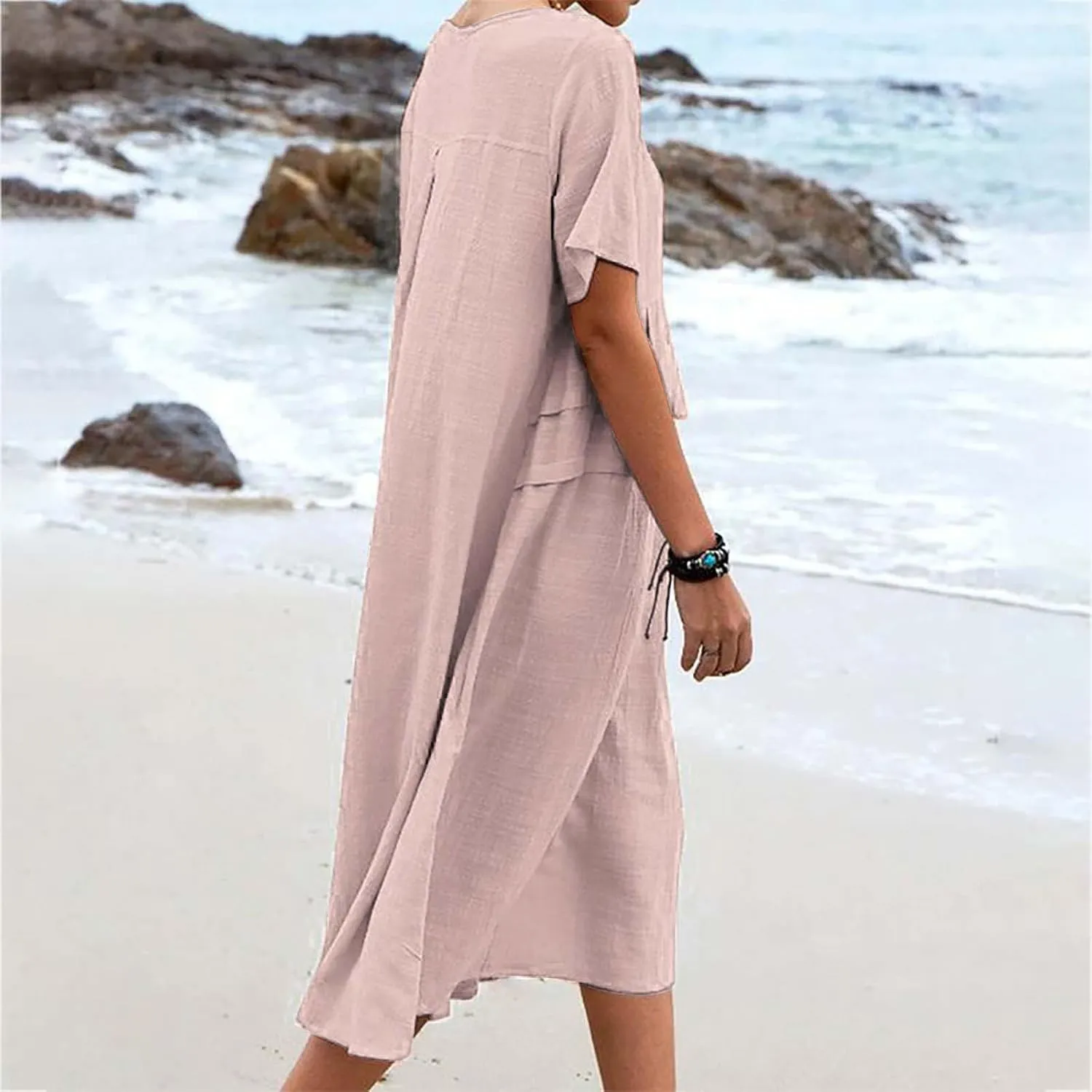 Women's Casual Cotton Linen Midi Dress Crew Neck Short Sleeve Summer Loose Fit Comfy Flowy Dresses Plus Size