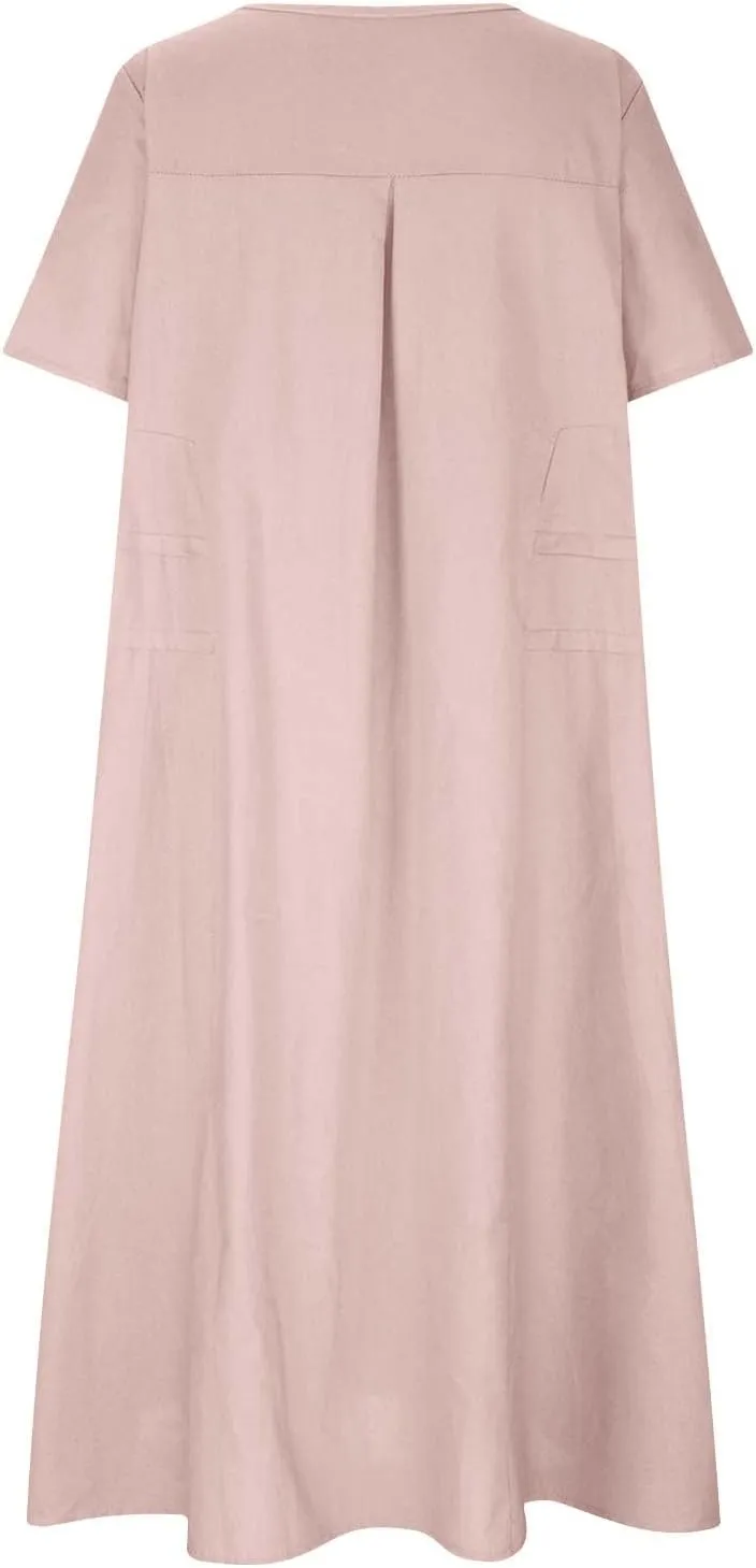 Women's Casual Cotton Linen Midi Dress Crew Neck Short Sleeve Summer Loose Fit Comfy Flowy Dresses Plus Size