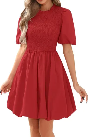 Womens Casual Dress Boho Puff Short Sleeve Smocked Ruffle Mini Dress Summer Flowy Swing Cute Bubble A-Line Sundress