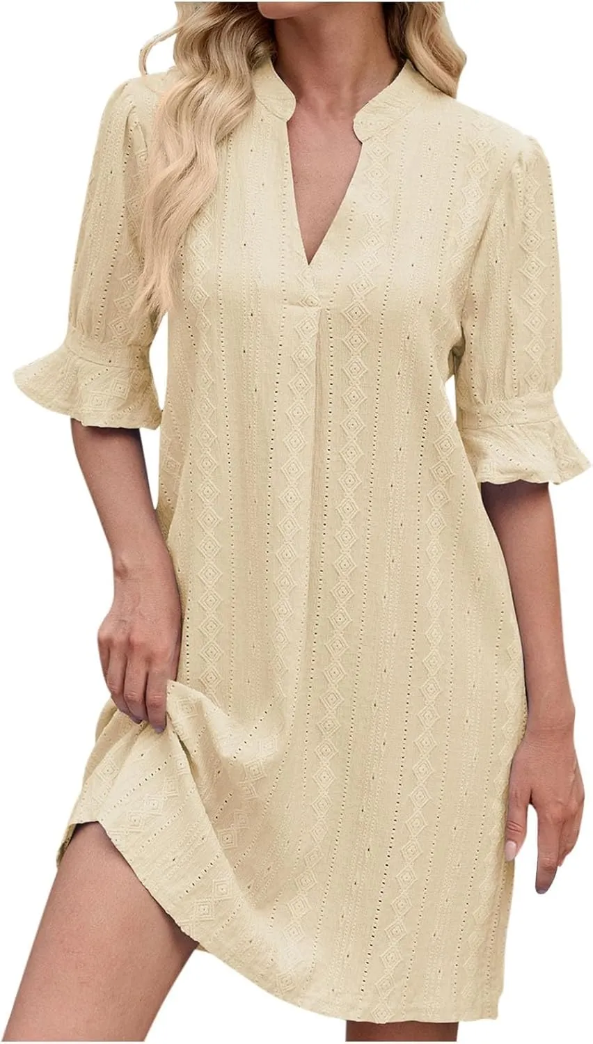 Womens Casual Dresses Ruffle Half Sleeve V-Neck Dress Elegant Spring Summer Solid Color Mini Dresses