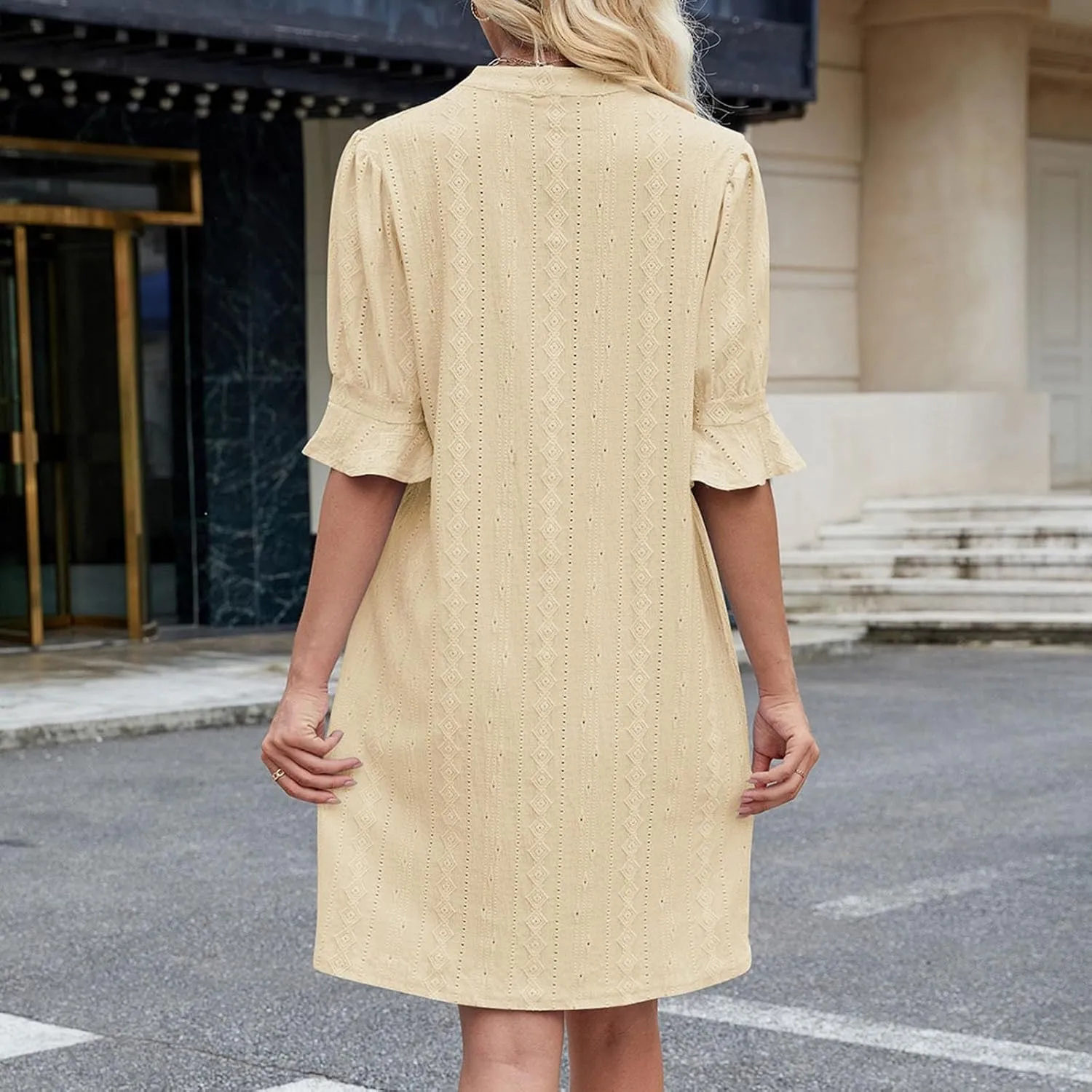 Womens Casual Dresses Ruffle Half Sleeve V-Neck Dress Elegant Spring Summer Solid Color Mini Dresses