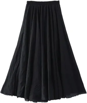Womens Casual Elastic High Waist Pleated A-Line Beach Skirts Solid Midi Casual Skirt