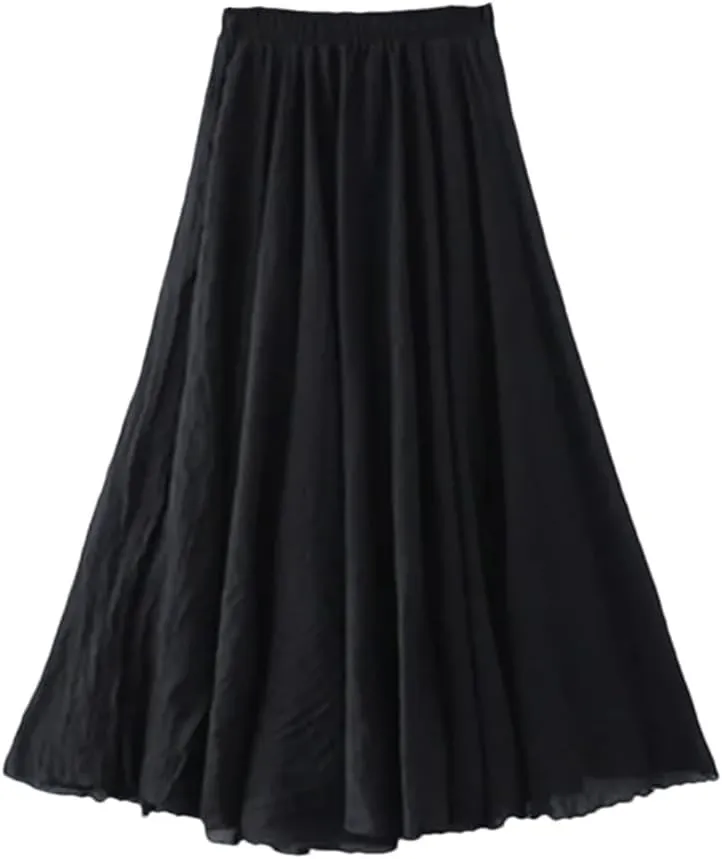 Womens Casual Elastic High Waist Pleated A-Line Beach Skirts Solid Midi Casual Skirt