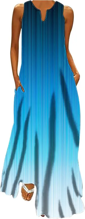 Womens Casual Loose Printed Tank Dress Summer Beach V-Neck Pocket Sundress Sleeveless Floor Length Dresses