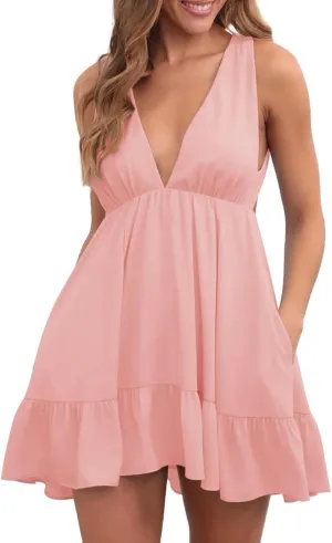 Womens Casual Mini Dresses Deep V-Neck Sleeveless Backless Strap Dress Summer Ruffle Loose Aline Sundress with Pocket