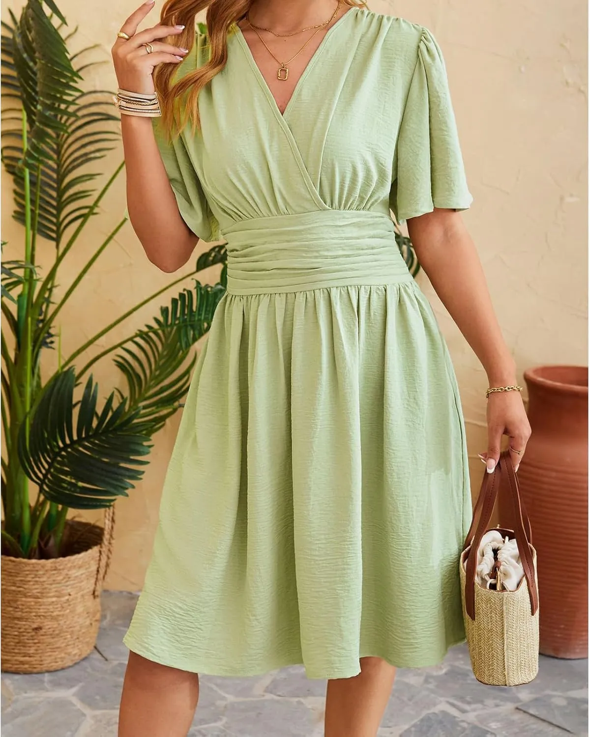 Womens Casual Short Sleeve Dress Dressy V Neck Ruched Wrap Midi Dresses Summer Elegant Trendy Travel Beach Sundress