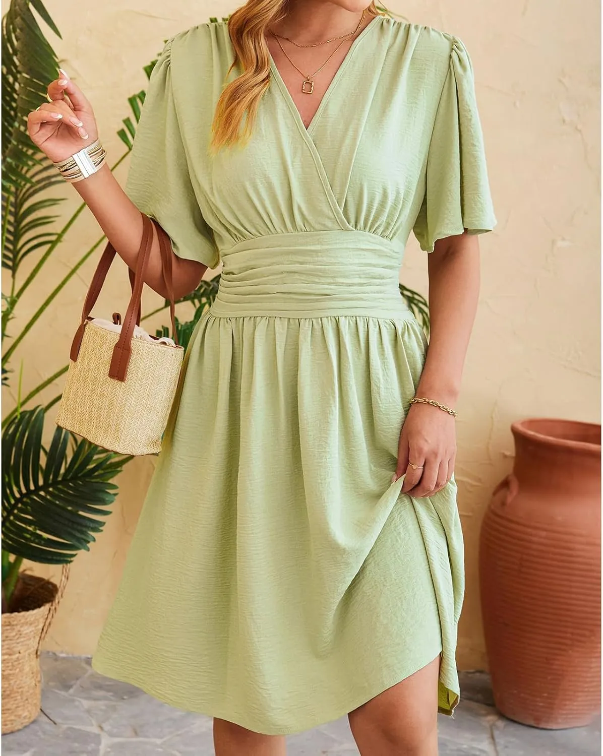 Womens Casual Short Sleeve Dress Dressy V Neck Ruched Wrap Midi Dresses Summer Elegant Trendy Travel Beach Sundress