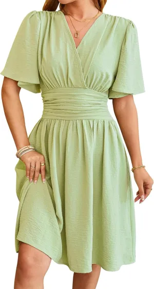 Womens Casual Short Sleeve Dress Dressy V Neck Ruched Wrap Midi Dresses Summer Elegant Trendy Travel Beach Sundress