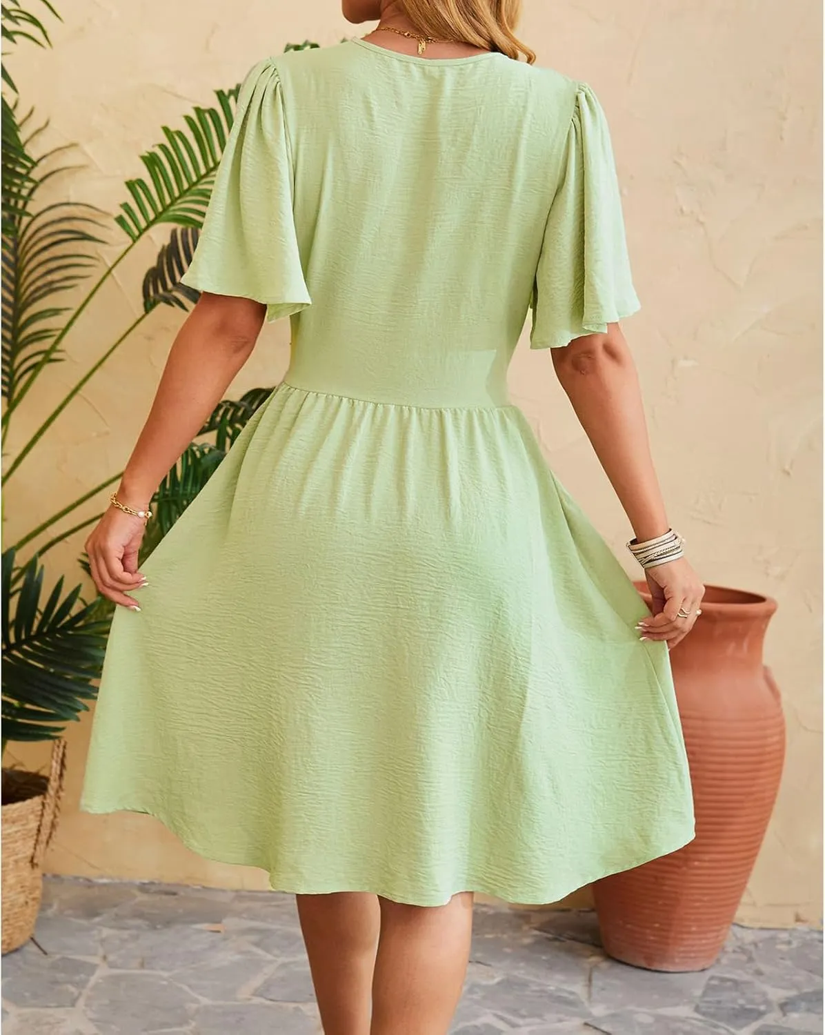 Womens Casual Short Sleeve Dress Dressy V Neck Ruched Wrap Midi Dresses Summer Elegant Trendy Travel Beach Sundress